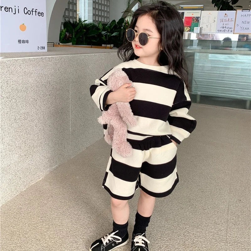 Baby Girl Boy Cotton Striped Clothes Set Hoodie and Shorts 2pcs Infant Toddler Child Tracksuit Spring Autumn Summer 1-7Y