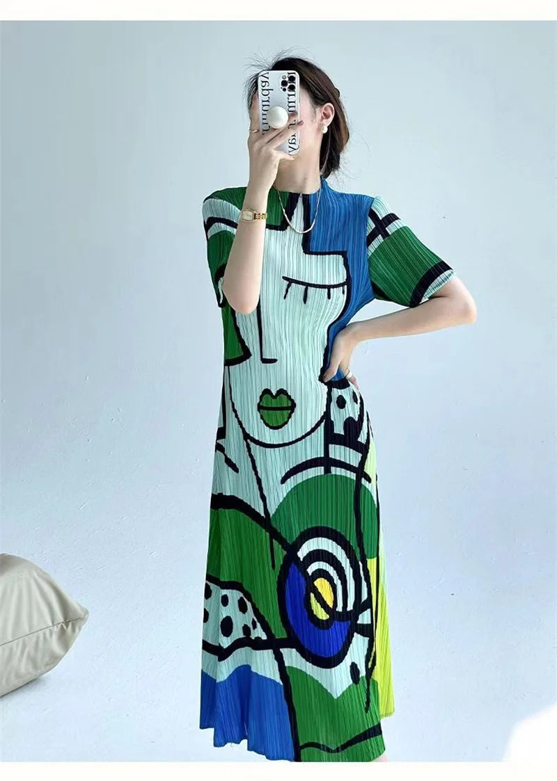Long Dresses Womens Dresses Spring and Summer new Cartoon Printing Short Sleeve Temperament Fashion Loose Long Dress Female