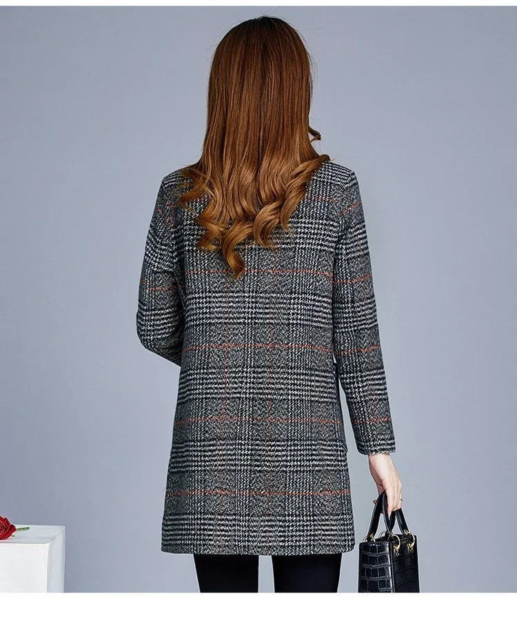 Mother's clothing Plaid Woolen Jacket 5xl Autumn Winter Female Thicken Slim Middle length Outwear Korea Women's Casual Wool Coat