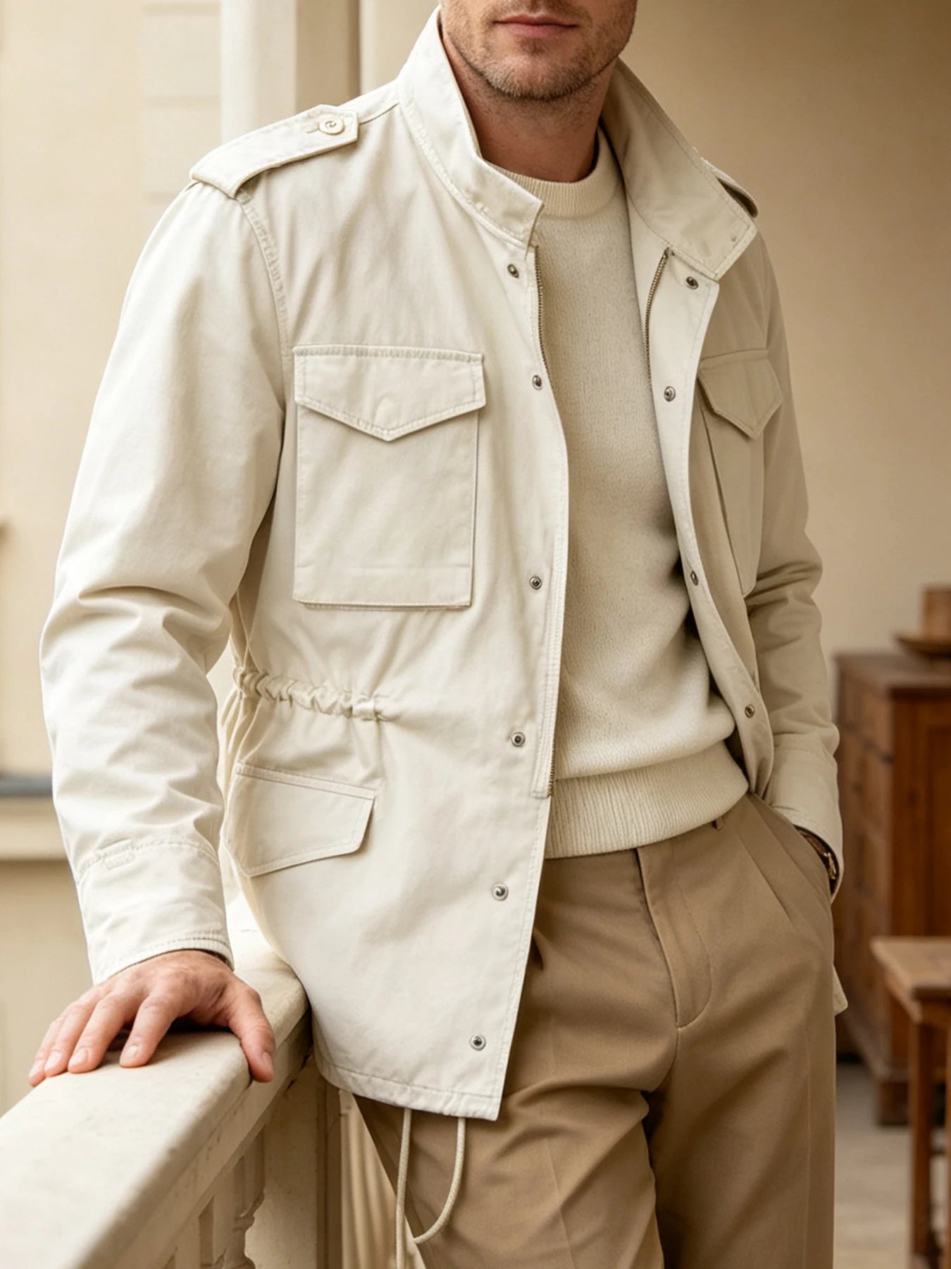 Men Old Money Style M65 Jacket Cream 100% Cotton Multi Pocket Lapel Collar Drawstring Business Casual Spring Autumn Outerwear