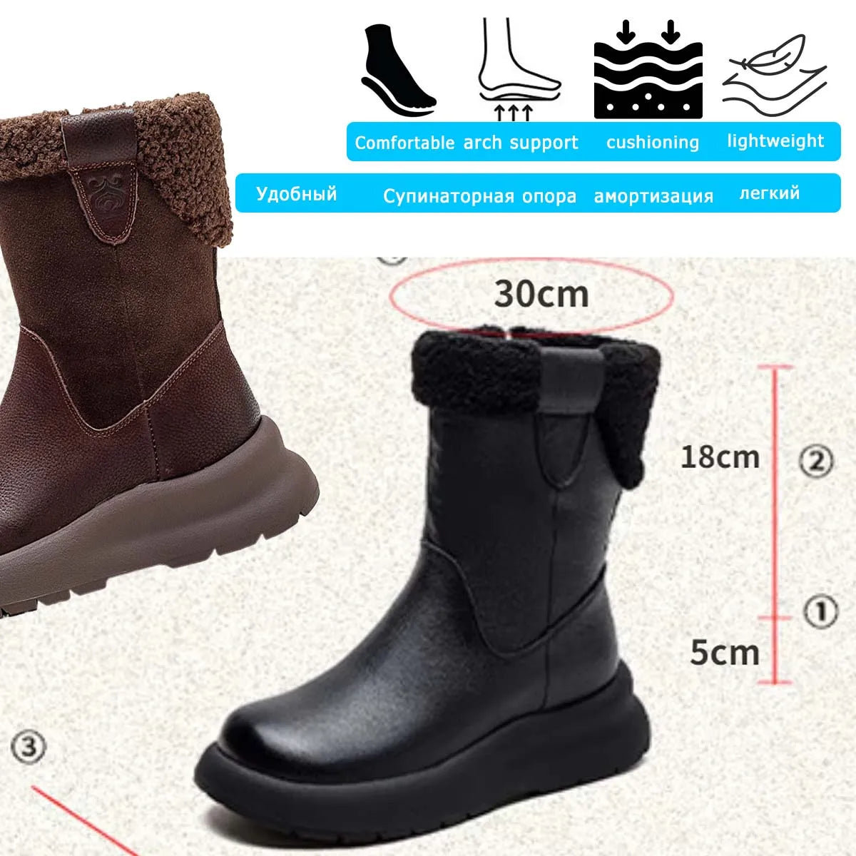 Koznoy 5cm Natural Genuine Leather Chunky Cow Spring Rubber Ankle Boots Soft Soled Winter Plush Flats Booties Autumn Women Shoes