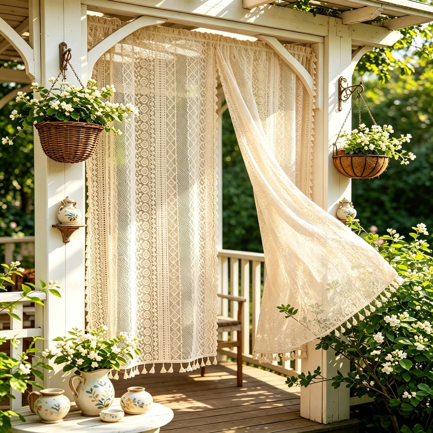 2 Pieces/Set Boho Geometric Hollow Lace Sheer Curtains with Tassel Vintage Patio Door Curtain for Farmhouse Sunroom Kitchen Cafe