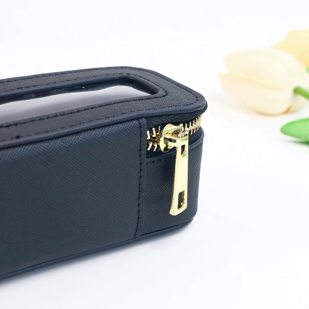 Customized Name PU Leather Women's Transparent Makeup Brush Box, PVC Makeup Bag Women's Toiletries Accessories