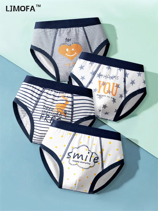 LJMOFA 4pcs Children Underwear for Kids Boy Boxer Briefs Cute Stripped Cartoon Print Panties Cotton Toddler Underpants B304