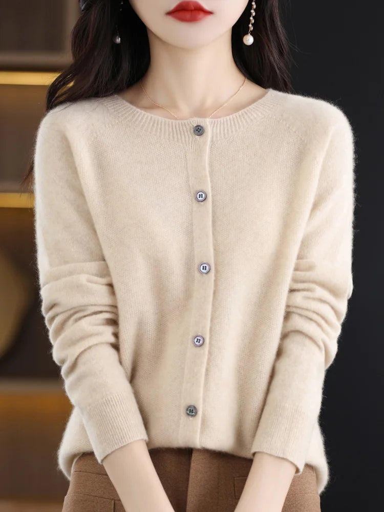Women Cashmere Sweater 100% Merino Wool Knitted Cardigan Autumn Winter  Knitwear O-Neck Female  Solid Color Casual Fashion Top