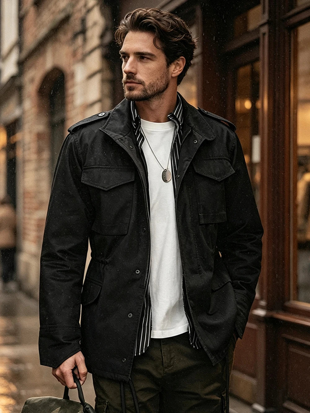 Men Old Money Style M65 Jacket Cream 100% Cotton Multi Pocket Lapel Collar Drawstring Business Casual Spring Autumn Outerwear
