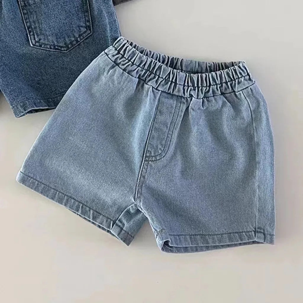 Novedad de verano, pantalones cortos de mezclilla para bebés, pantalones vaqueros cortos lisos para niños y niñas, pantalones con bolsillo para niños pequeños, pantalones cortos para niños, ropa sólida para niños