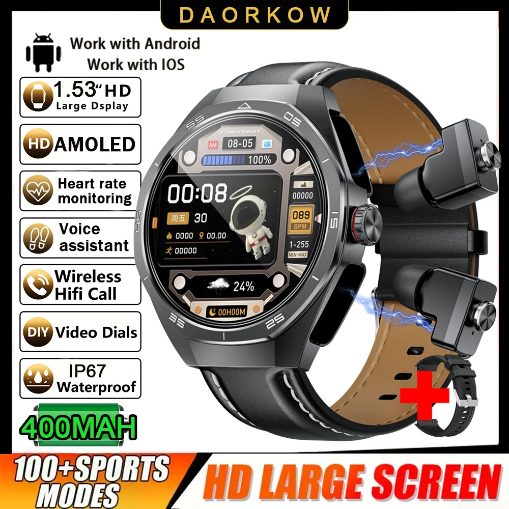 2026 New Smart Watch Men TWS 2-in-1 Bluetooth Earphones With Built-in Speaker HIFI  1.53HD SCreen Bluetooth Call IP67 Waterproof