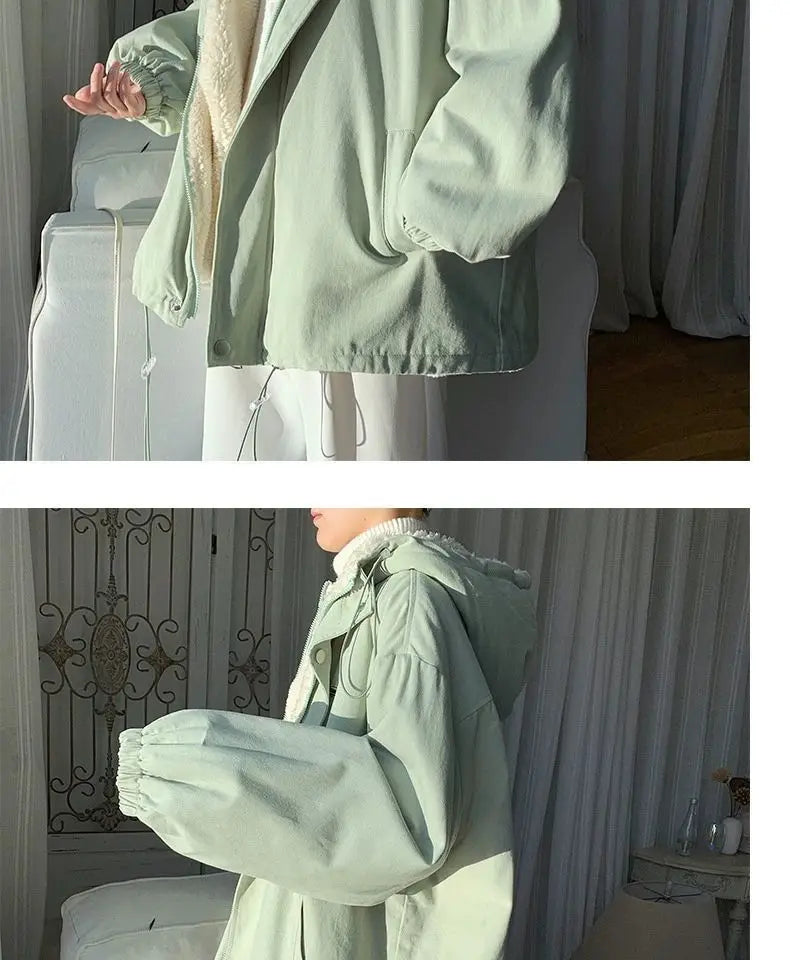 Lamb wool Jacket Women's 2025 Autumn winter New Korean version Loose Workwear Student cotton Jackets Female Hooded Warm Coat