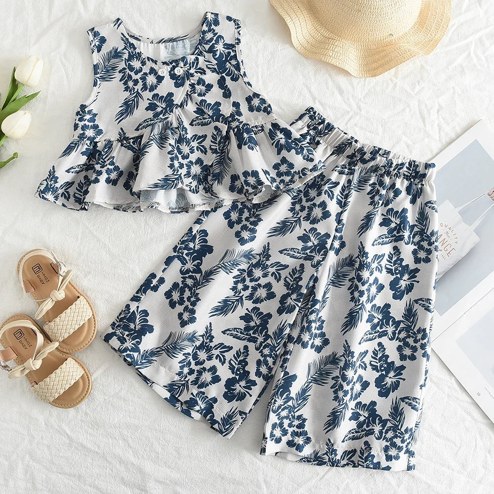 Bear Leader Girls Netflix Tops Wide-legged Pants Set Summer 2026 New Fashion Temperament Retro Floral Two-piece Girls Clothing