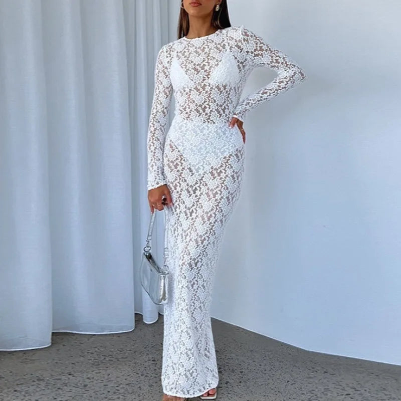 New Spring and Summer Fashion Crew Neck Women's Lace Long Sleeve Dress Elegant Sheer Sexy Slim-fitting Casual Women's Long Dress