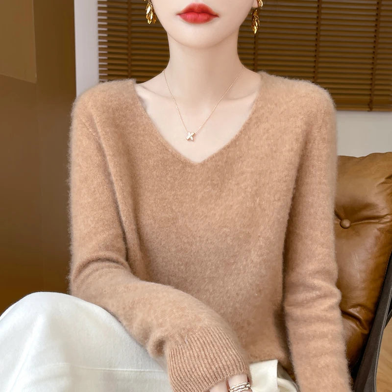 Fashion Pullover 100% Merino Wool Women Sweater V-Neck Long Sleeve Basic Jumper Spring Autumn Winter Clothing Knitwear Tops