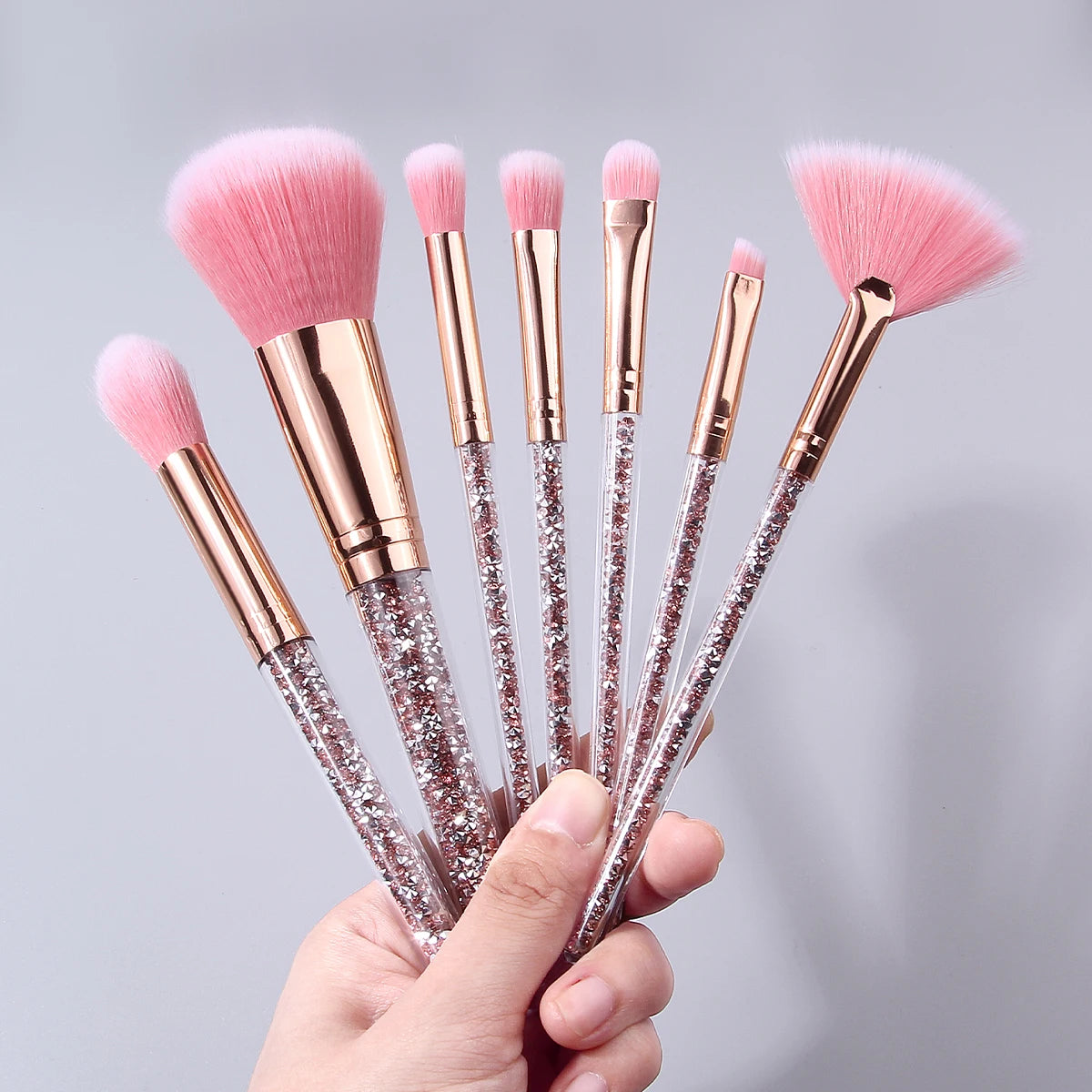 7PCS Pink Crystal Makeup Brushes Set Rose Gold Handle for Foundation Eyeshadow Blush
