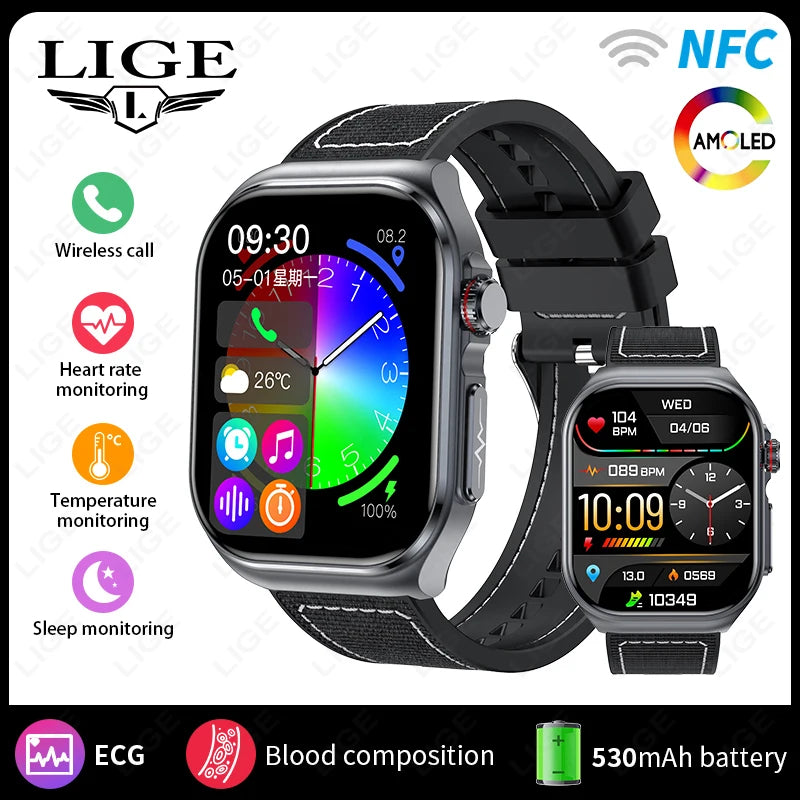 LIGE New ECG+PPG Smart Watch Micro Physical Examination Blood Lipids Uric Acid NFC Bluetooth Call Health Smartwatch Men Women
