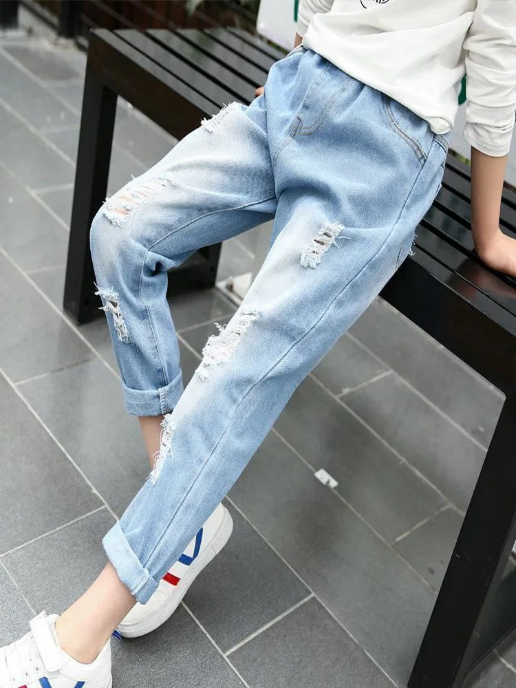 New Teenage Girls Jeans 2026 Spring Autumn Casual Fashion Loose Blue Kids Leg Wide Pants School Children Trousers 3-12Year