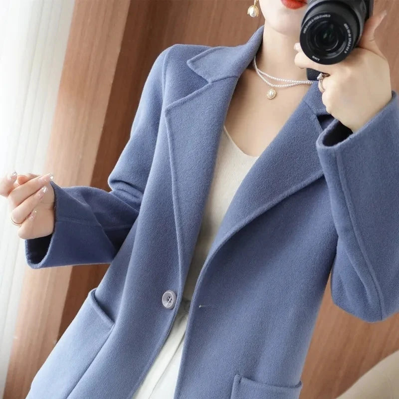 100% Pure Wool Double-Sided Cashmere Jacket Women Overcoat  Autumn Winter New Mid-Length One-Button Slim Wool Windbreakers coat