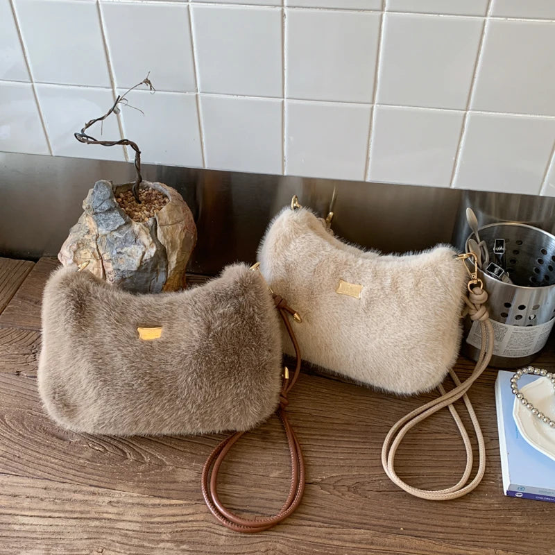 MOODS Soft Plush Crossbody Bags For Women 2025 Winter Warm Latest Luxury Designer Handbags Casual Street Shoulder Hobo Bag Lady