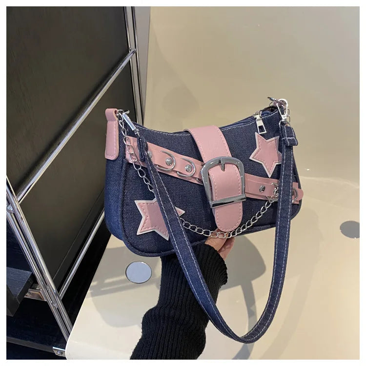 Y2k Hot Girls Denim Shoulder Bags Retro Rivet Star Women's Underarm Bag Portable Female Chain Armpit Bag Small Purse Handbags