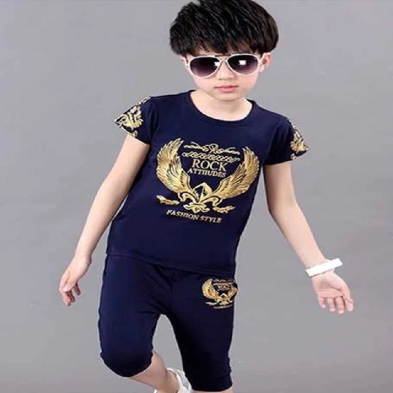 2024 New Boy Suit Summer Children's Clothing Cotton Casual T-shirt + Shorts 2 Piece Boys Set Dragon Pattern For 6 8 10 12 Years