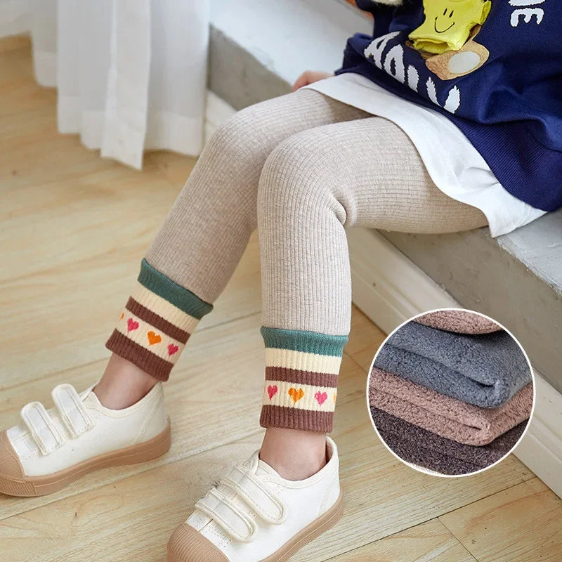 New Winter Thickening Warm Pants for Girls 3-12 Year Stripe Leggings Children Girl Skinny Plus Velvet Pencil Trousers Outfit