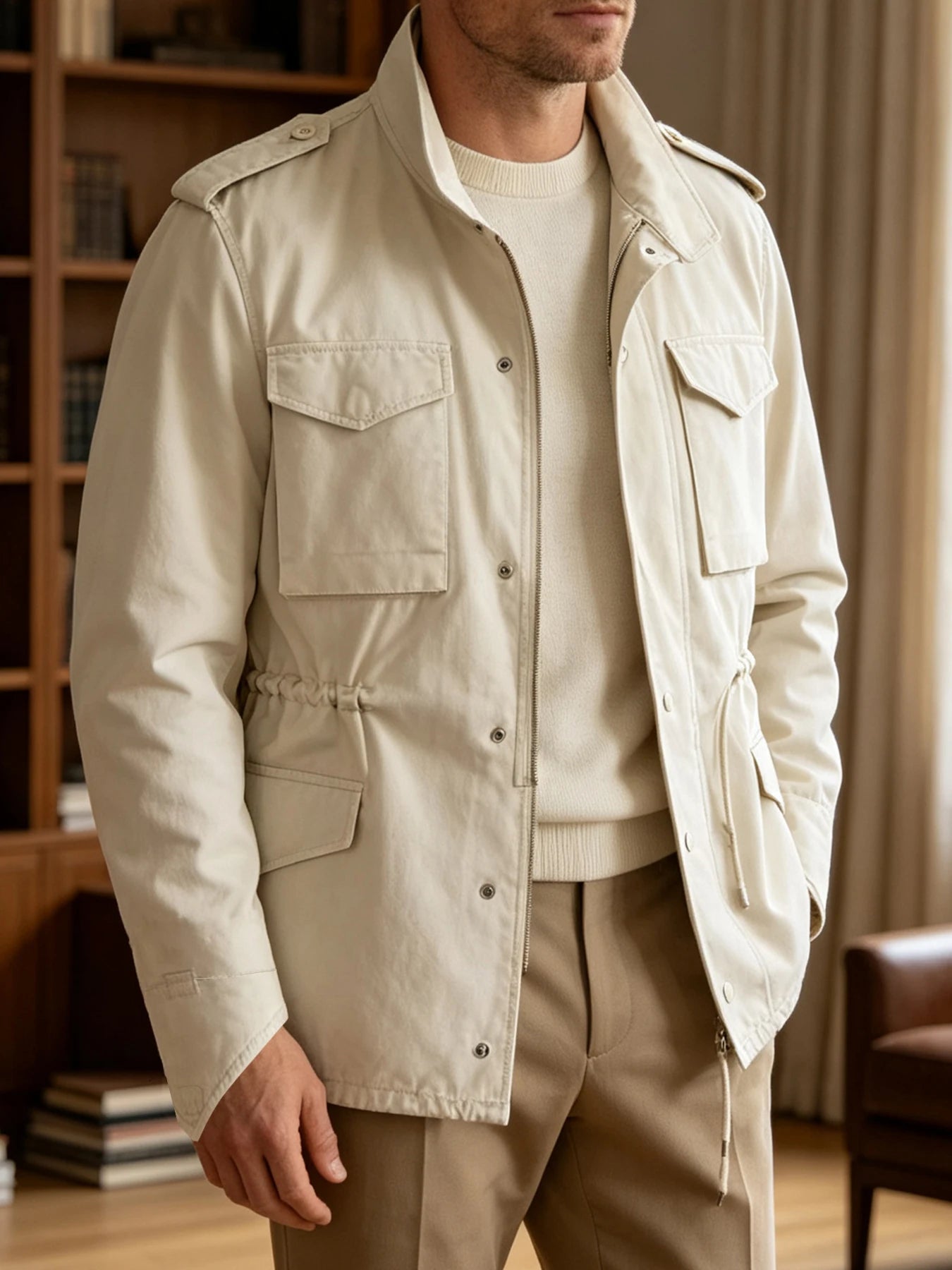Men Old Money Style M65 Jacket Cream 100% Cotton Multi Pocket Lapel Collar Drawstring Business Casual Spring Autumn Outerwear