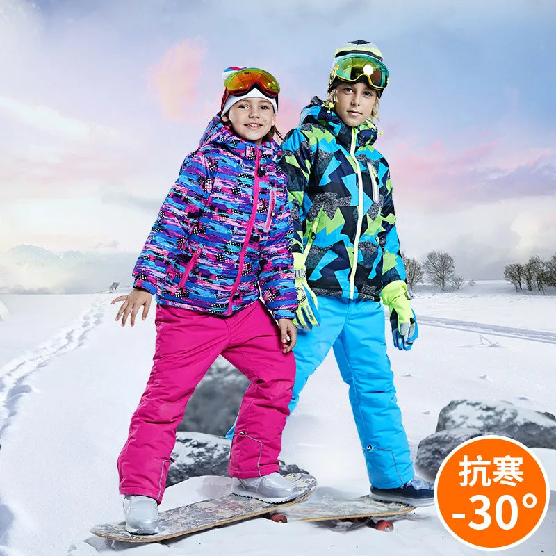 -30 winter Children brand ski jacket boy girl kids skiing snowsuit Waterproof outdoor sports jacket clothes teen 12 14 NEW parka