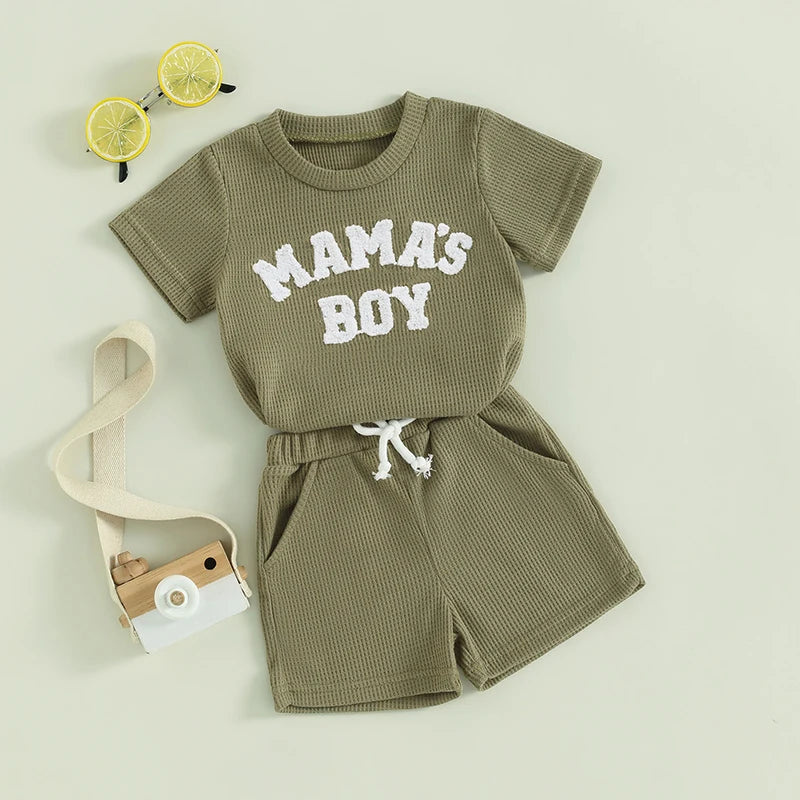 2024-01-20 Lioraitiin Summer Baby Boy Clothes Letter Embroidery Short Sleeve T-Shirt Shorts Set 2Pcs Waffle Knit Outfit