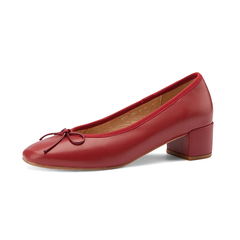 2025 Genuine Leather Women Shoes Fashion Butterfly-knot Spring and Autumn Pumps Slip-On Casual Shoes Chunky Heel Size 34-40