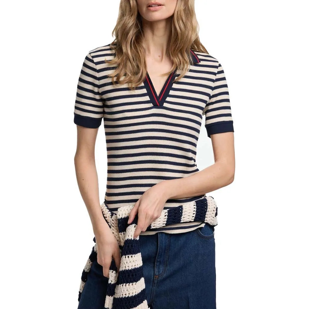 CHCH Fashion Stripe Knitted Polo Neck T Shirt For Women Soft Chic Short Sleeve Casual Pullovers 2025 Summer New Lady Street Tops