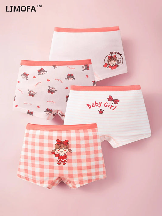 LJMOFA 4pcs Cotton Baby Girls Briefs Teenage Underpants Soft Toddler Cartoon Strawberry Plaid Short Panties Kid Underwear B199