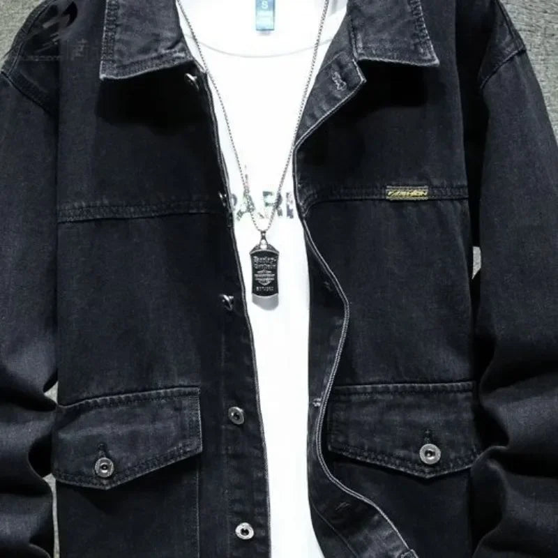 Denim Jackets Man Autumn Cargo Jeans Coat for Men Black Low Price Clothing of Fabric on Board Elatic Designer Korean Style G