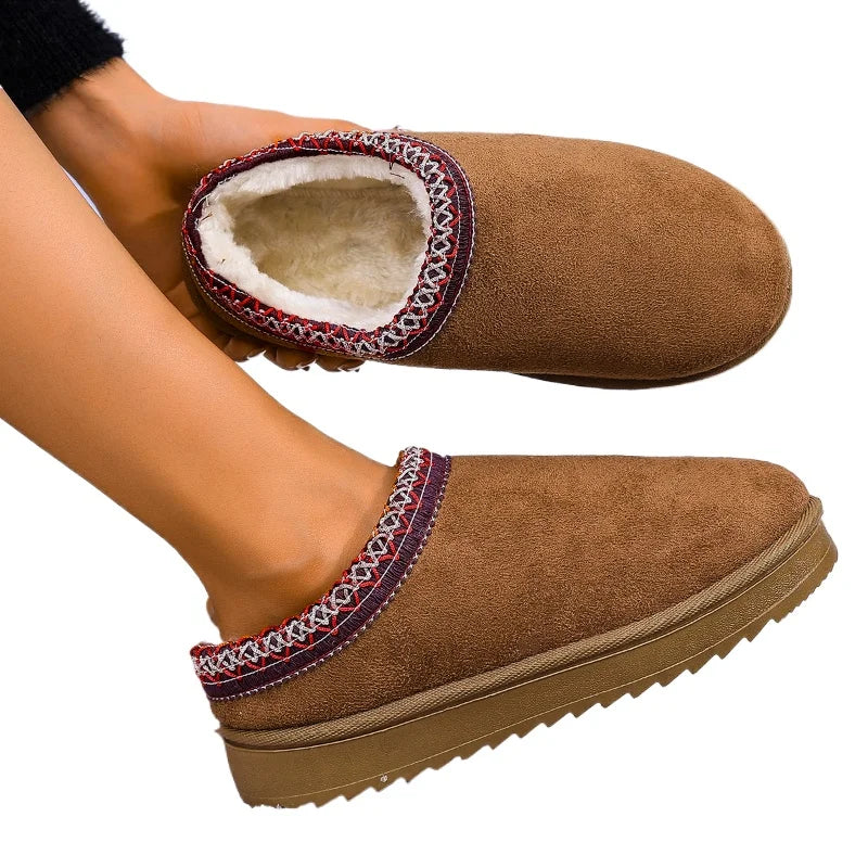 2026 Winter Women Snow Boots Cashmere Warm Thick Soles Without Heel-covered Hair Half Slipper Cotton Shoes Cashmere Warm Boots