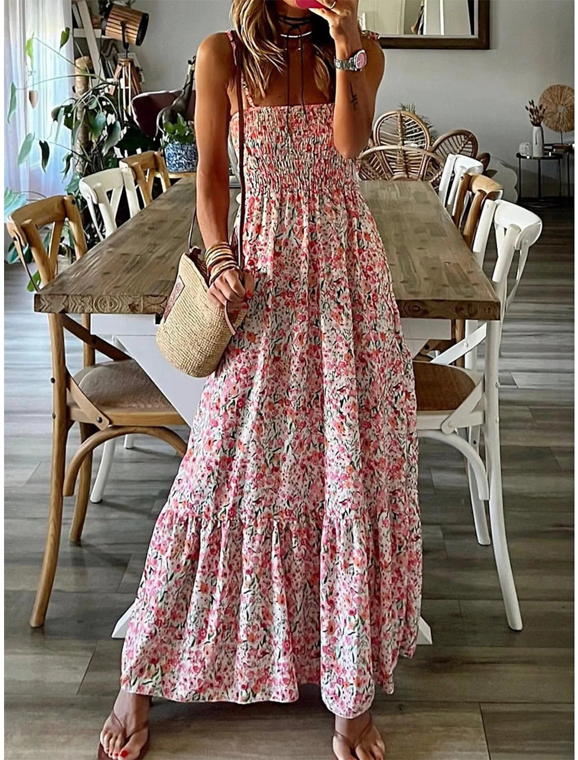 Summer Fashion Sling Maxi Dress Loose Elegant Ruffle A-Line Dress Casual  Floral Printed Women Backless Beach Dresses Midi Dress