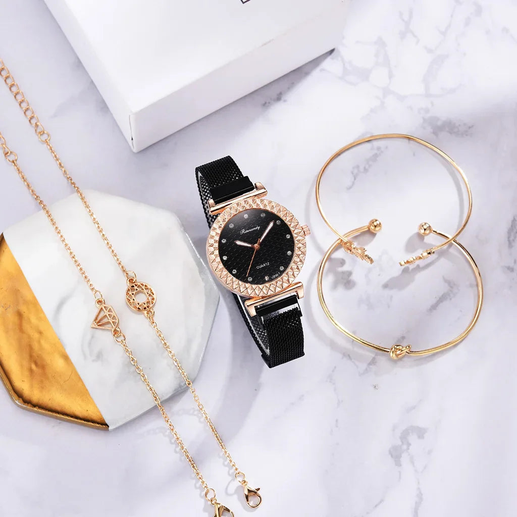 Luxury 5pcs Set Bracelet Watch Women Elegant Magnet Diamond Ladies Quartz Wrist Watch Dress Pink Clock Reloj Mujer Dropshipping