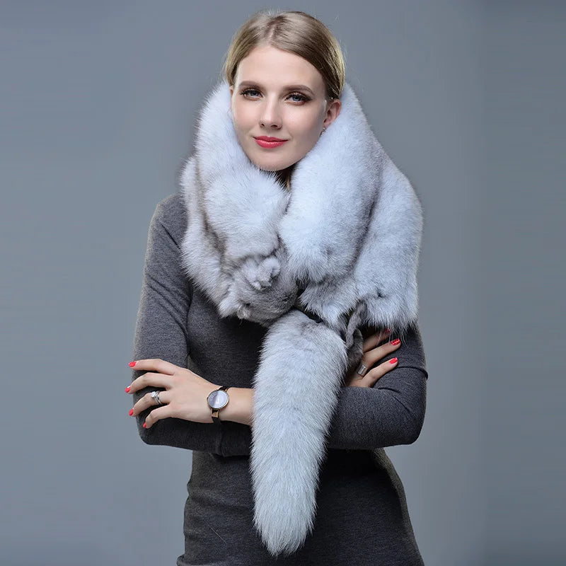 New Winter Large Real Fox Fur Collar Natural Fur Coat Scarves Luxury Women Men Jackets Hood Shawl Decor Female Neck Scarf Wraps