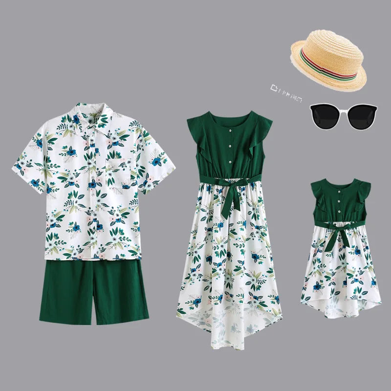 Family Matching Outfits Summer Beach Holiday Mum Daughter Dresses Dad Son T-shirt $Shorts Family Look Couple Outfits Seaside
