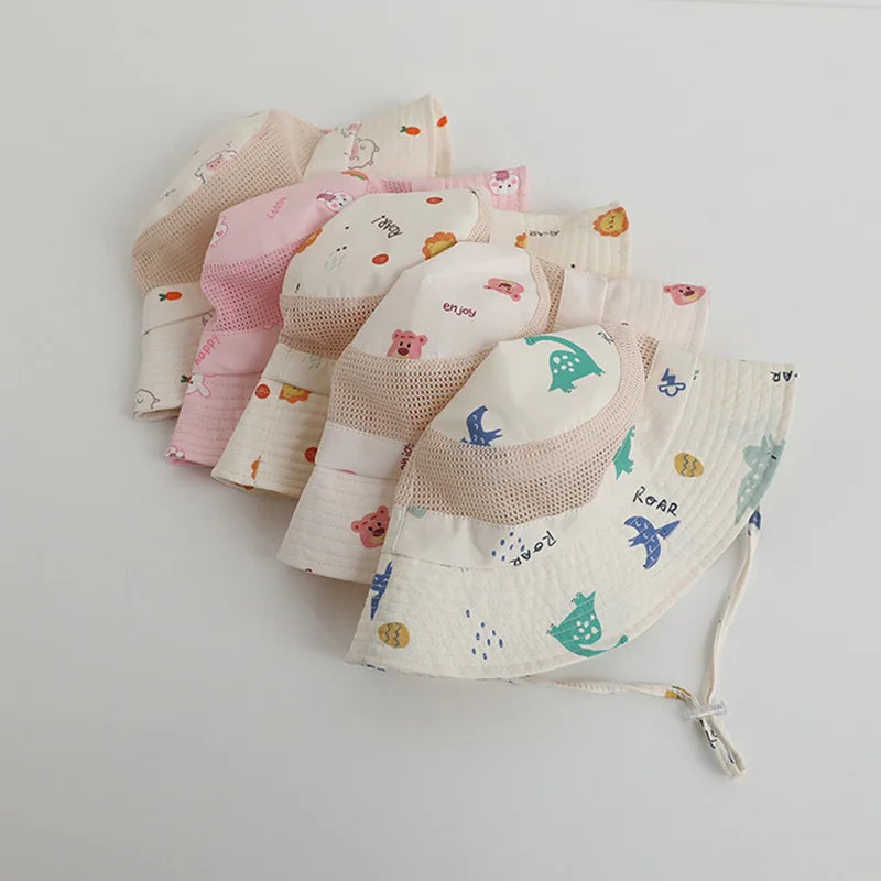 Children Summer Hat Cartoon Print Mesh Bucket Hats for Girls Boys Beach UV Protection Accessories Kids Items 3-8 Years