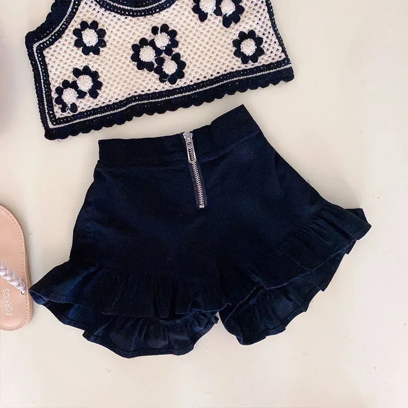 Fashion Baby Girl Knitted Clothes Set Strap Flower Vest+Shorts 2PCS Infant Toddler Child Summer Crop Top Clothing Suit