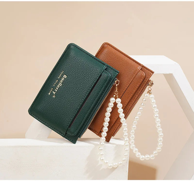 Fashionable Womens Card Case Ins Trend High Class Pearl PU Small Purse