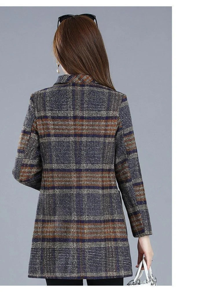 Mother's clothing Plaid Woolen Jacket 5xl Autumn Winter Female Thicken Slim Middle length Outwear Korea Women's Casual Wool Coat