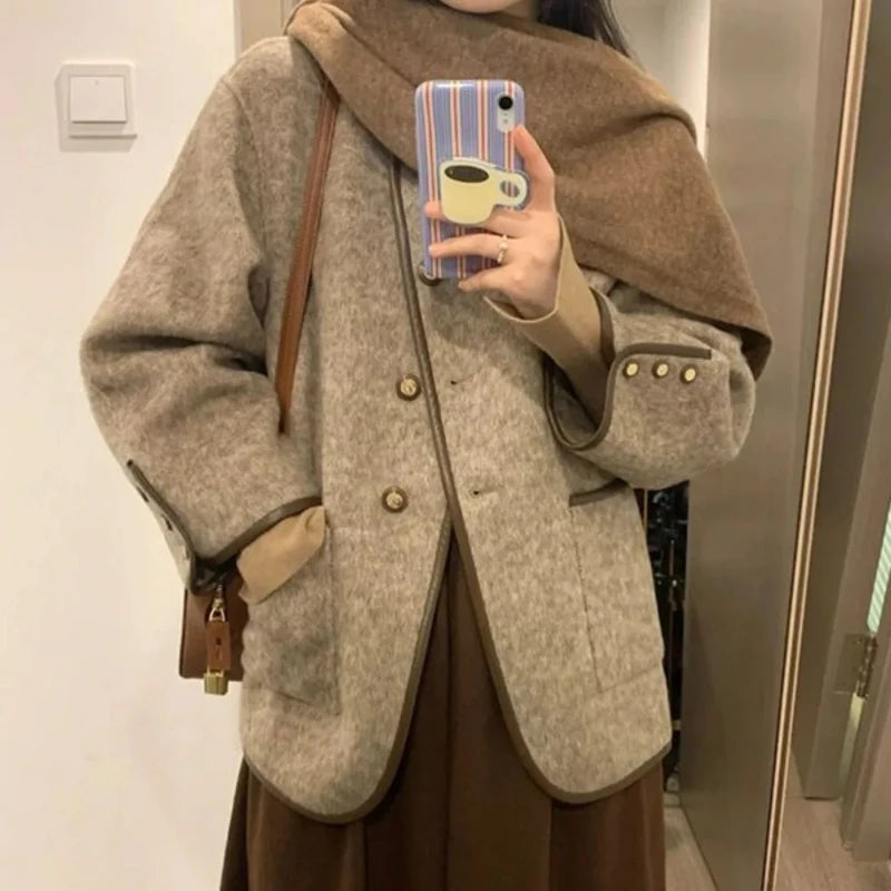 Wool Blend Coat for Women Short Plain Half Long Sleeve Elegant Mixtures Jacket Woman Fashion 2025 Winter Clothes Single Cheap