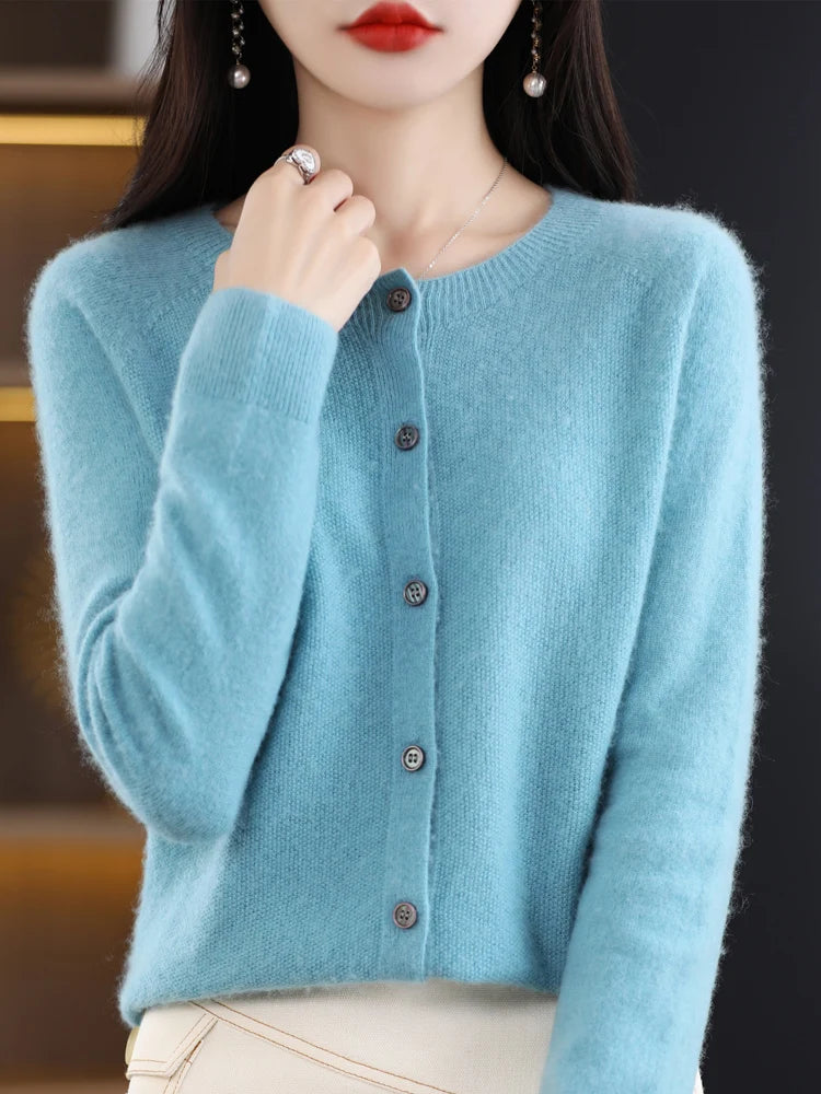 Women Cashmere Sweater 100% Merino Wool Knitted Cardigan Autumn Winter  Knitwear O-Neck Female  Solid Color Casual Fashion Top