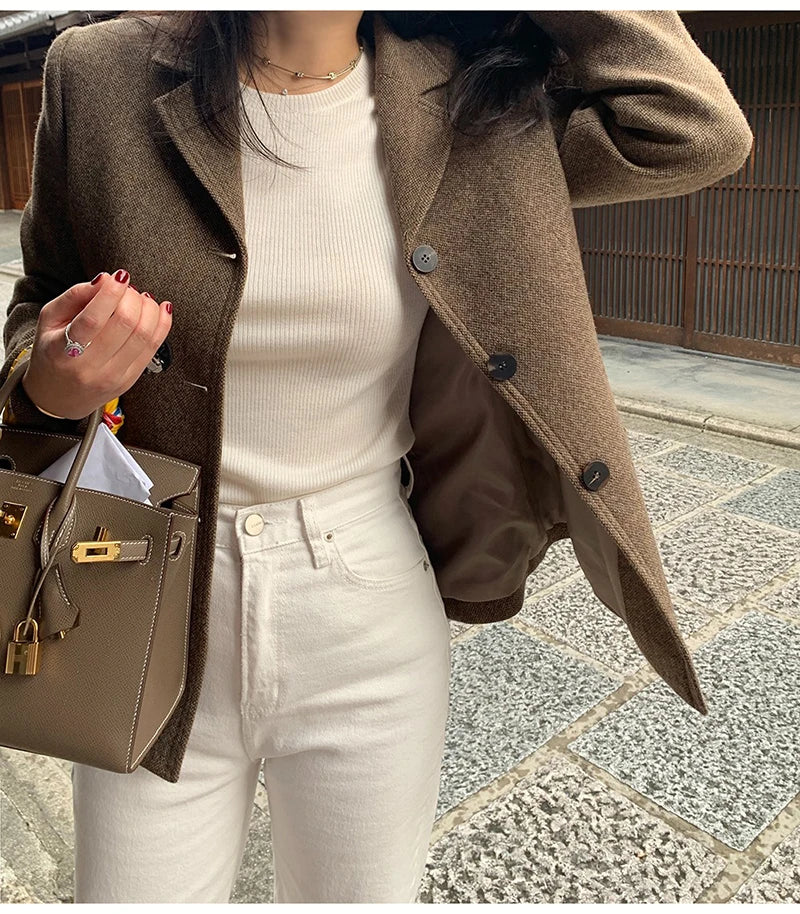 50 Wool Women Notched Collar Blazer Jacket Coat Fall Winter Thick Warm Overcoat Pocket Fashion Slim Waist Buttons Coat 2024 New