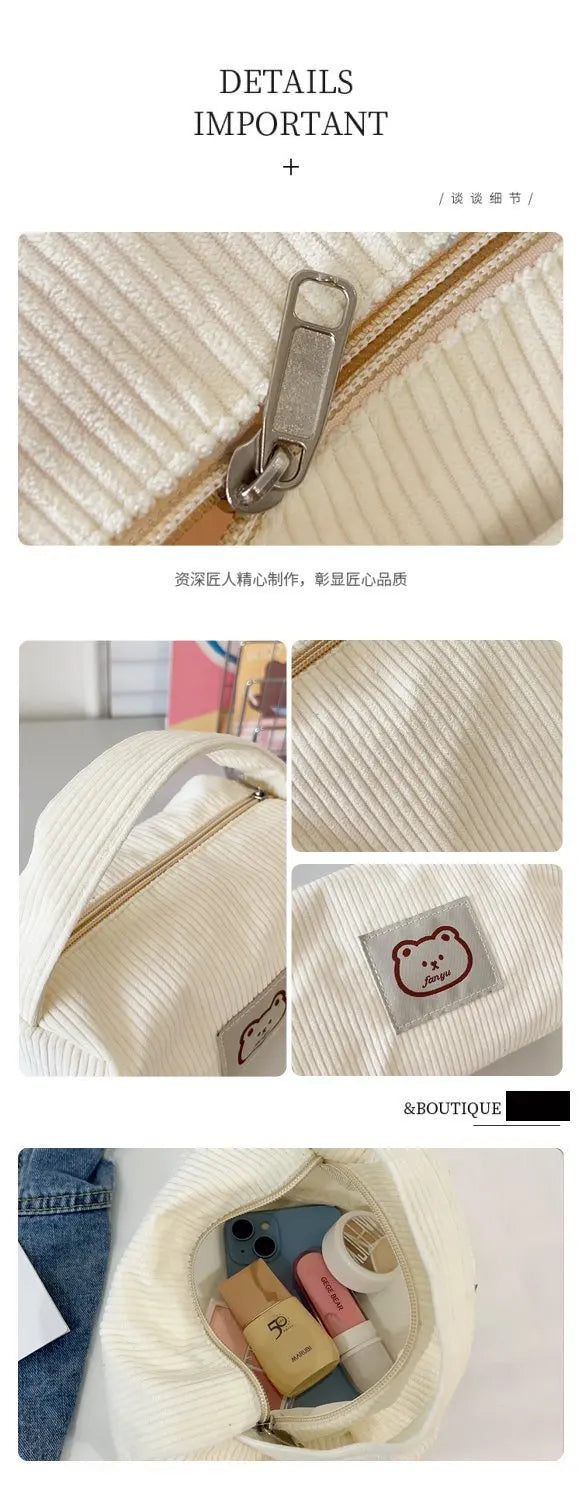Bear Large Makeup Bag for Women Corduroy Cosmetic bag Make up Bags Zipper Pouch with handle Cosmetic Organizer Toiletry Bag