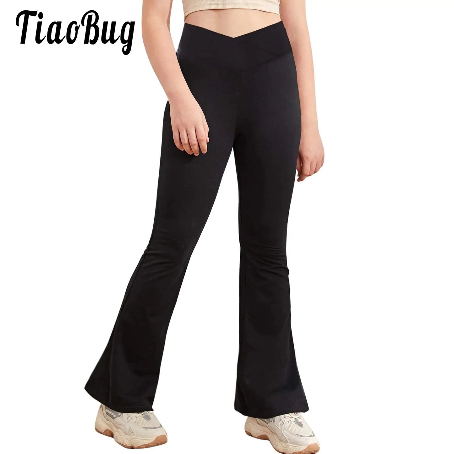 Flare Pants Kids Girls High Waist Leggings Stretch Flared Pants Wide Leg V-Shaped Waist Sports Pants Tight Yoga Pants Casual