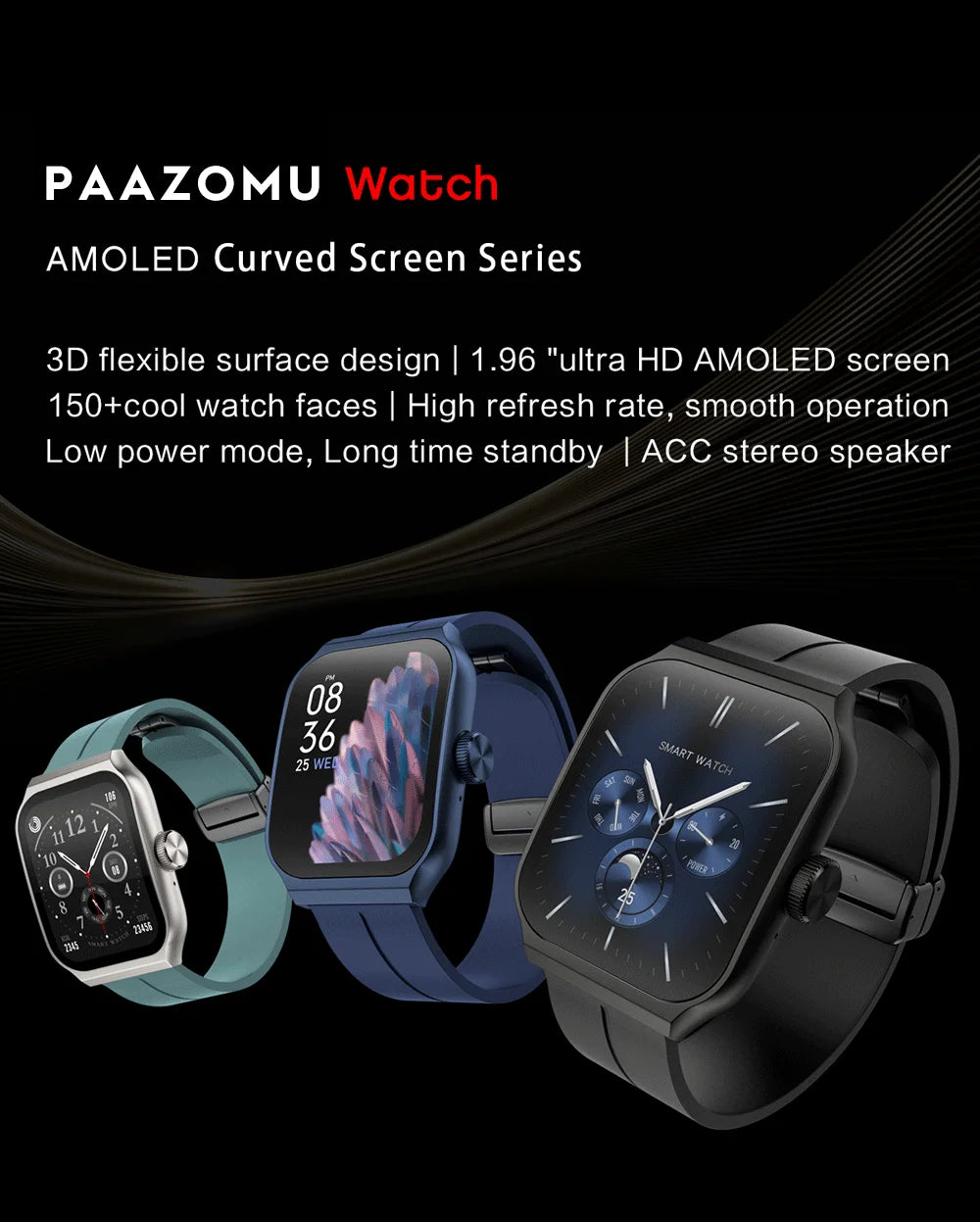 New AMOLED Smart Watch 1.96inch 3D Flexible Curved Screen Bluetooth Call Heart Rate NFC Waterproof Smartwatch For Android IOS