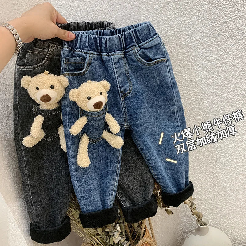 Ropa para niños, pantalones vaqueros para bebés, niños y niñas, bonitos pantalones vaqueros de dibujos animados en 3D con muñeco de oso, pantalones vaqueros Kawaii para niños pequeños, pantalones vaqueros para niños