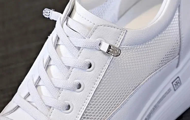 7cm Women Shoes Genuine Leather White Air Mesh Sneakers Chunky Shoes Platform Wedge Spring Autumn Breathable Summer Shoes 40