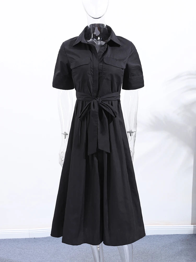Elegant Belt Women Long Black Dress Full Sleeve Pleated Lapel Waist-Closed Female  A Line Dresses 2026 Spring Lady Robes New