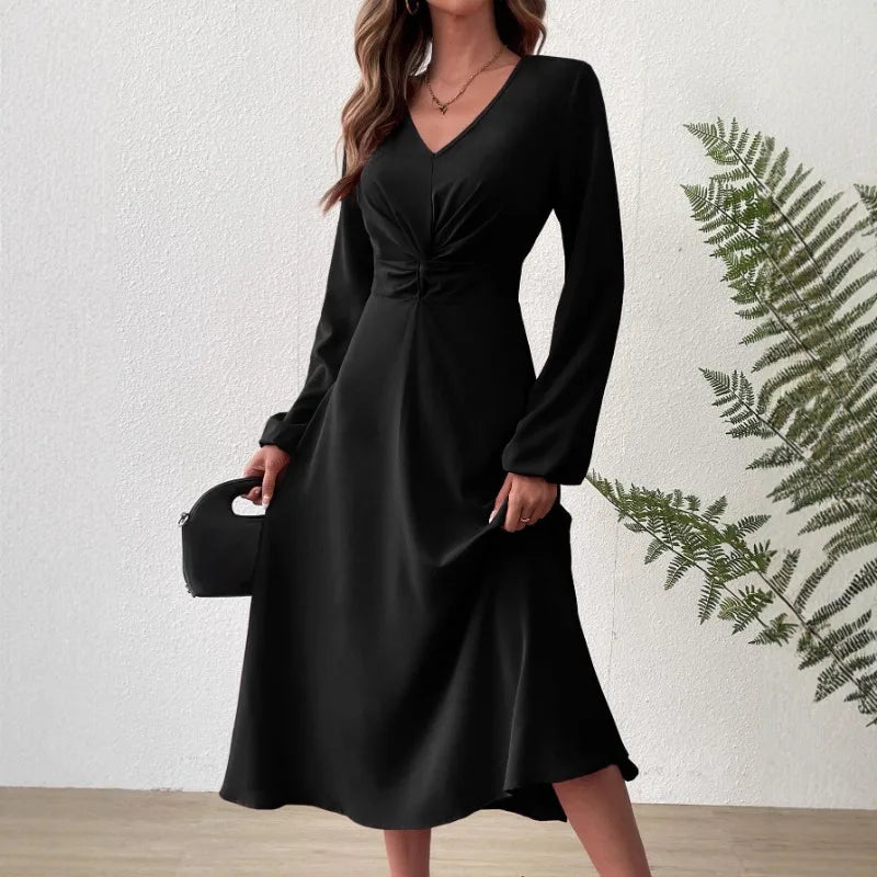 European American Fashion Spring Summer Fashion V-neck Lantern Long-sleeved Skirt Twisted Edge Elegant Mid-length Dress